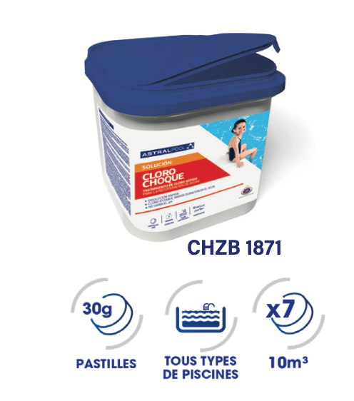 Chlore Choc rapide en pastilles 30 gr Box 1kg piscine, spa