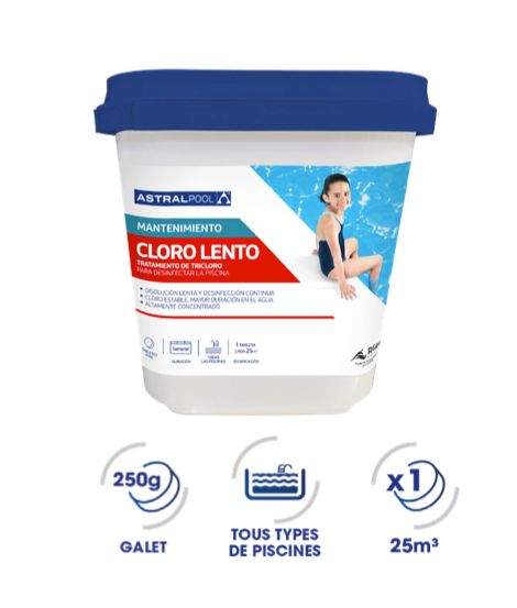 Chlore Désinfection lente et continue pastilles 250 gr 90% de chlore Box 5kg
