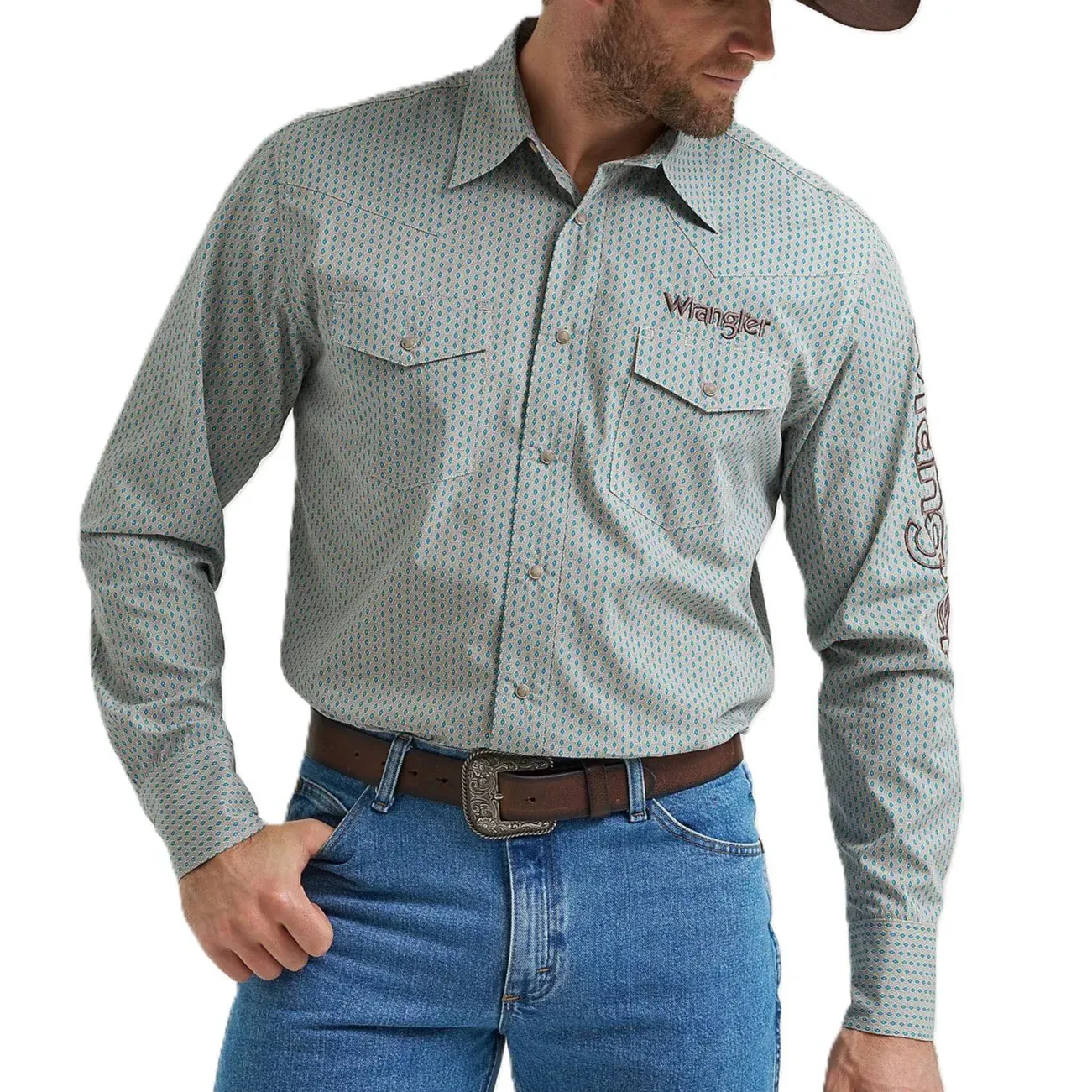 Wrangler Men's Logo Blue &amp; Grey Print Snap Shirt 112369449