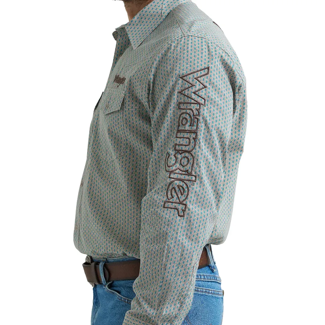 Wrangler Men's Logo Blue &amp; Grey Print Snap Shirt 112369449