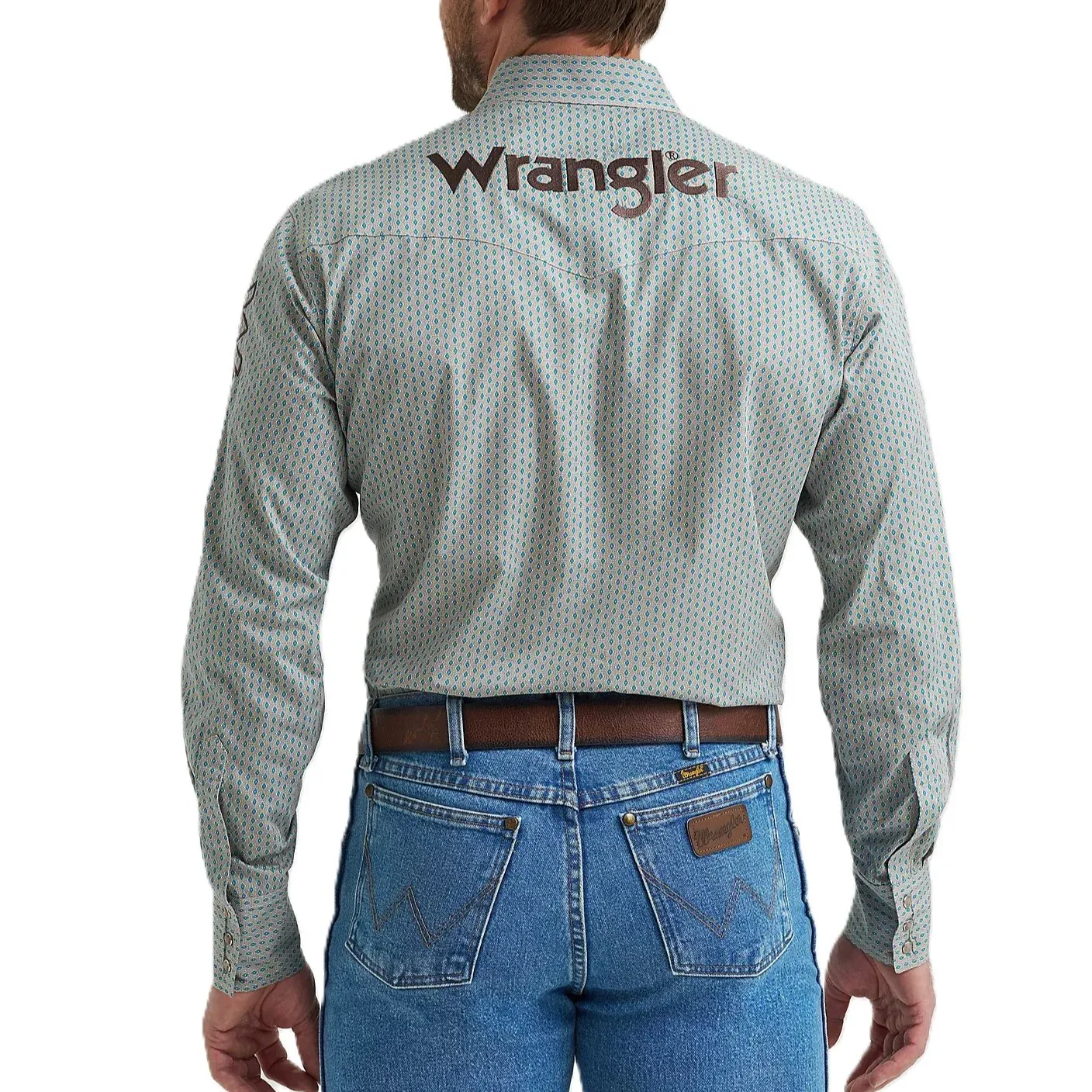 Wrangler Men's Logo Blue &amp; Grey Print Snap Shirt 112369449