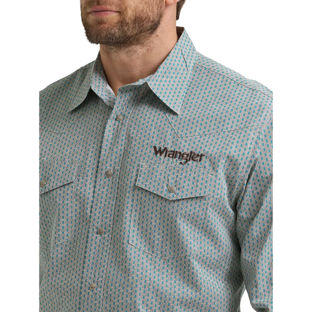 Wrangler Men's Logo Blue &amp; Grey Print Snap Shirt 112369449