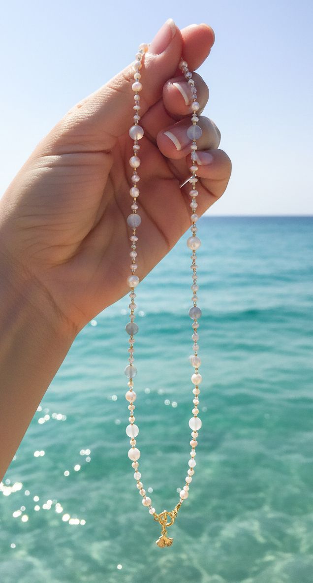 Naszyjnik z naturalnych pereł, kamienia księżycowego i kryształków fasetowanych.