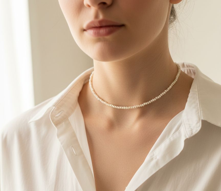 Naszyjnik z perłowych, japońskich koralików Toho Magatama przeplatanych złotymi koralikami Miyuki.