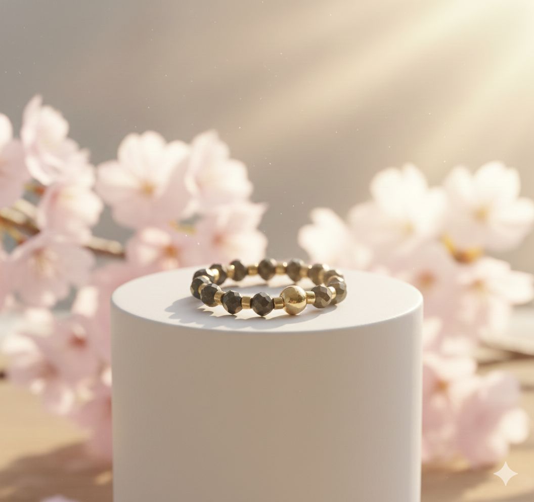 Elastyczny pierścionek z pirytem i japońskimi koralikami Miyuki