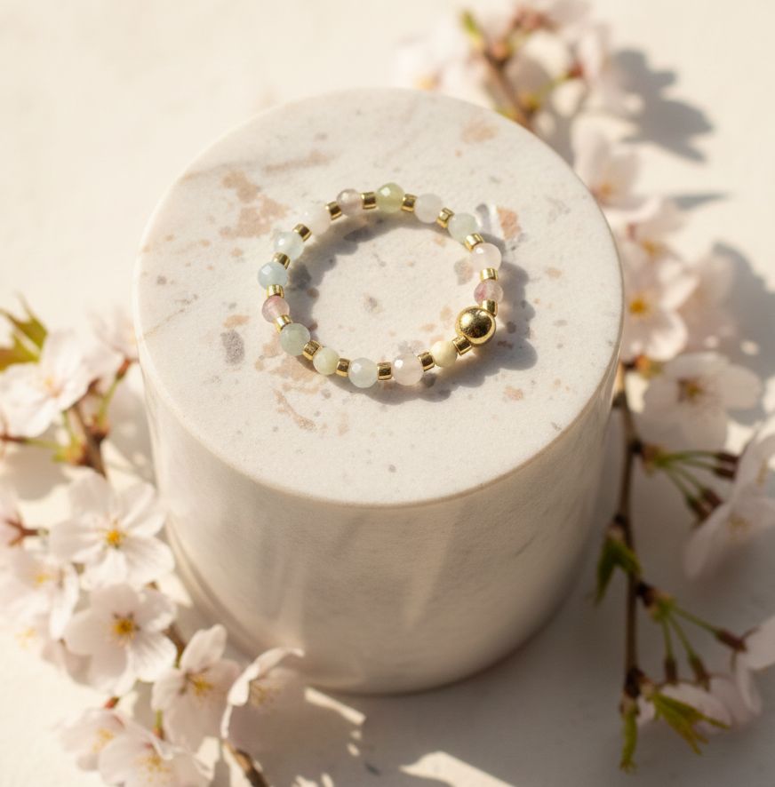 Elastyczny pierścionek z kamieni księżycowych i koralików Miyuki