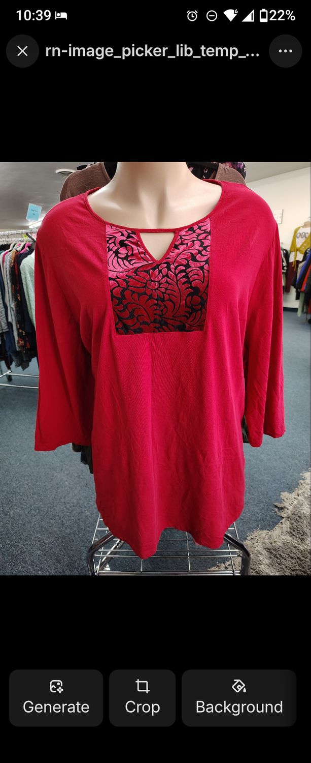 Catherines red top with black velvet floral detail size 5x