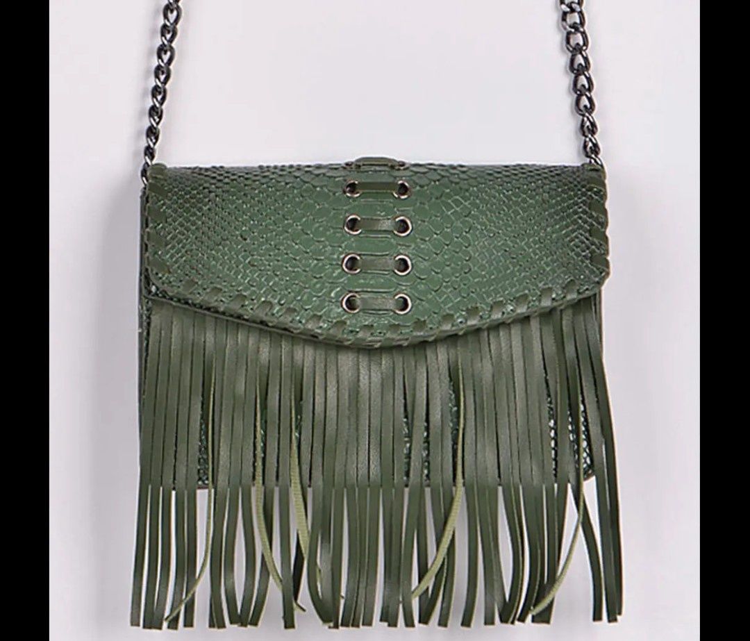 Green fringe animal print small handbag new