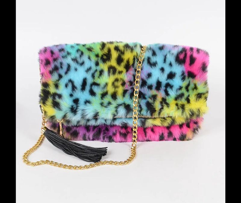 New fuzzy rainbow crossbody clutch bag