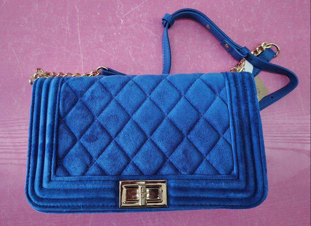 New blue quilted velvet crossbody bag purse