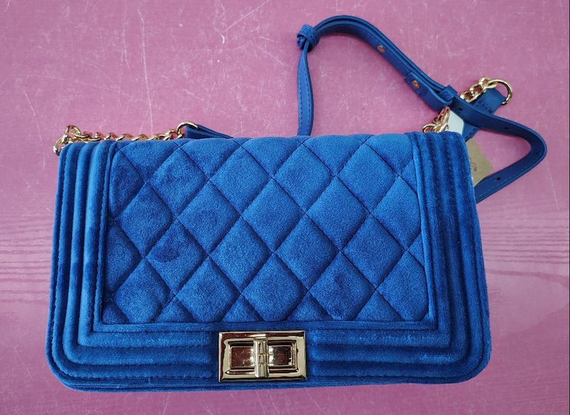 New blue quilted velvet crossbody bag purse