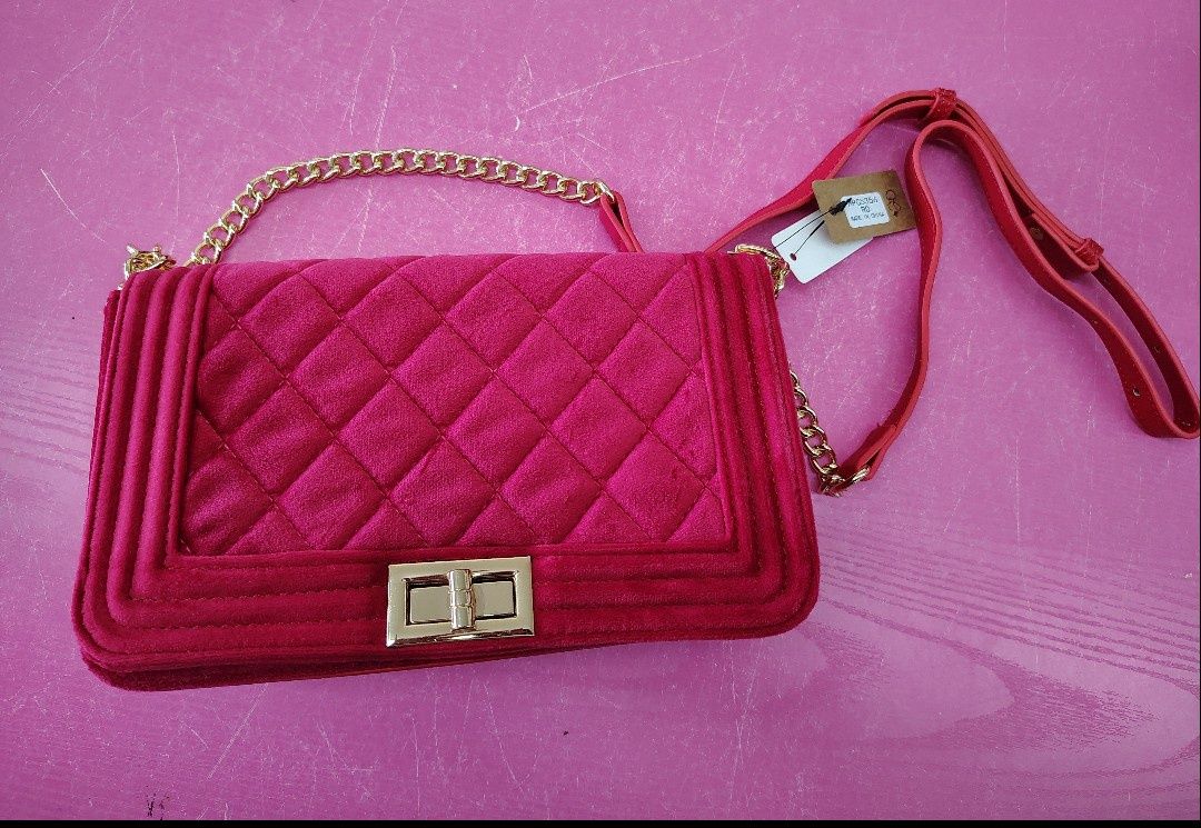 New pink/red quilted velvet crossbody bag purse