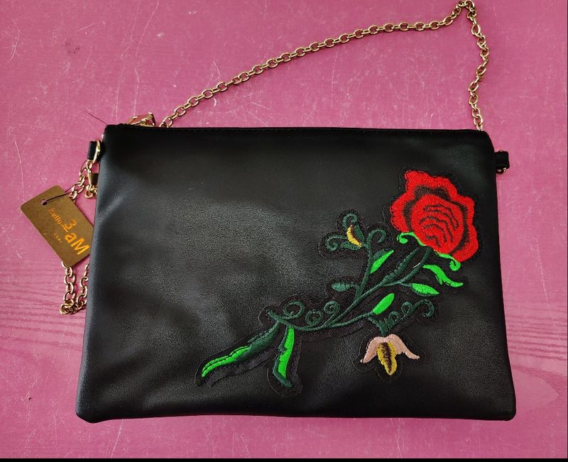 Black rose new clutch bag zip top chain strap