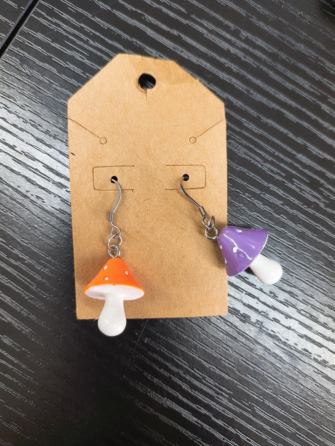 "I'm a Fungi" Orange and purple mushroom handmade earrings