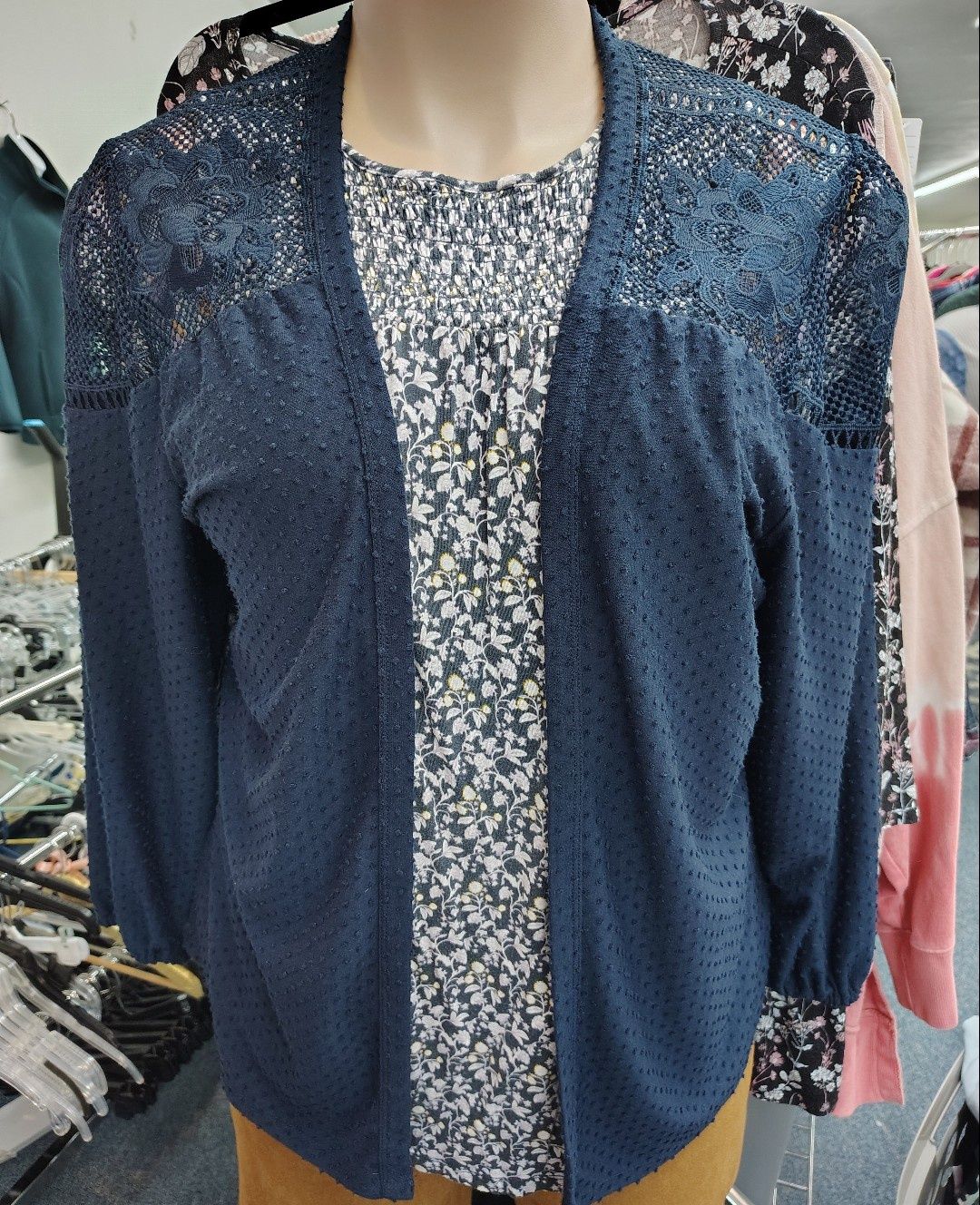 Maurices XXL navy raised polka dot and lace knit cardigan