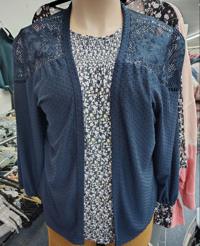 Maurices XXL navy raised polka dot and lace knit cardigan