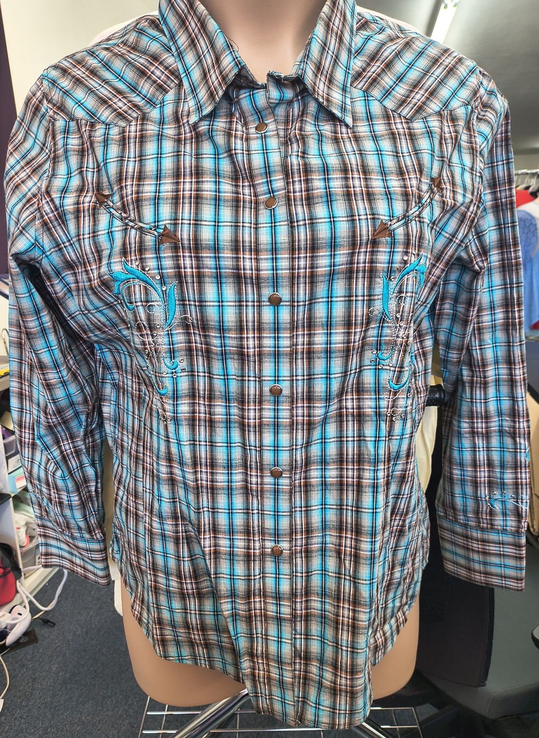 XL Panhandle Slim vintage western pearl button shirt plaid embroidery