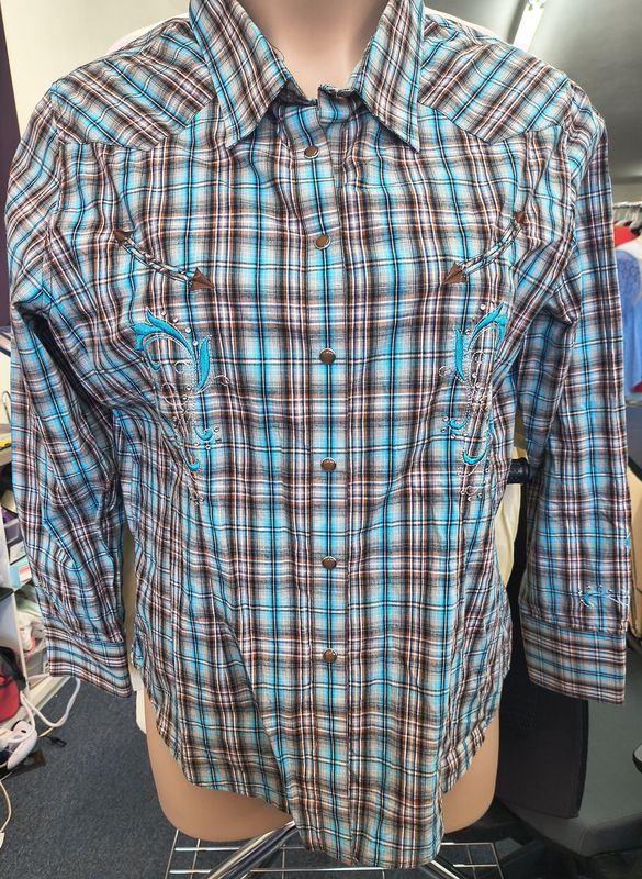 XL Panhandle Slim vintage western pearl button shirt plaid embroidery