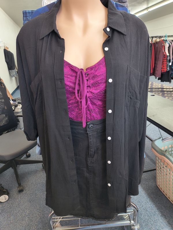 4x 5x Black cotton button front shirt tunic length