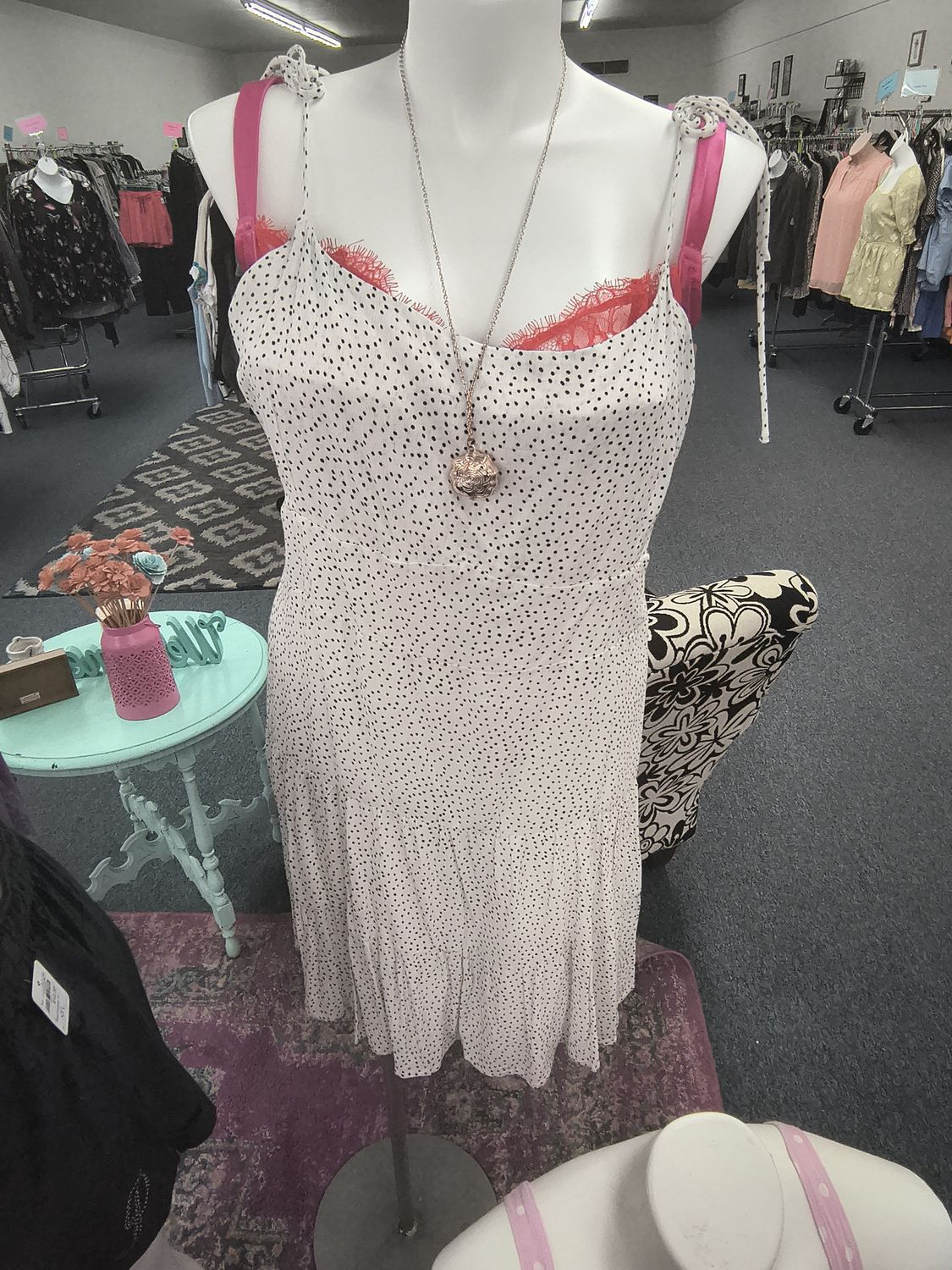 XL Open Edit white with black polka dots tie shoulder pinup dress