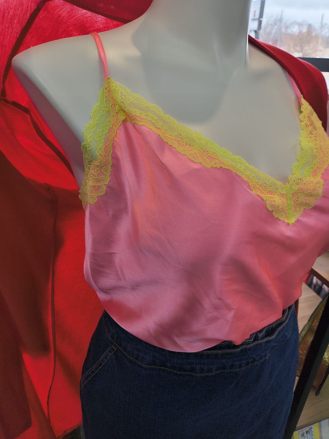 3x Bright pink and yellow lace trim lingerie tank top slinky