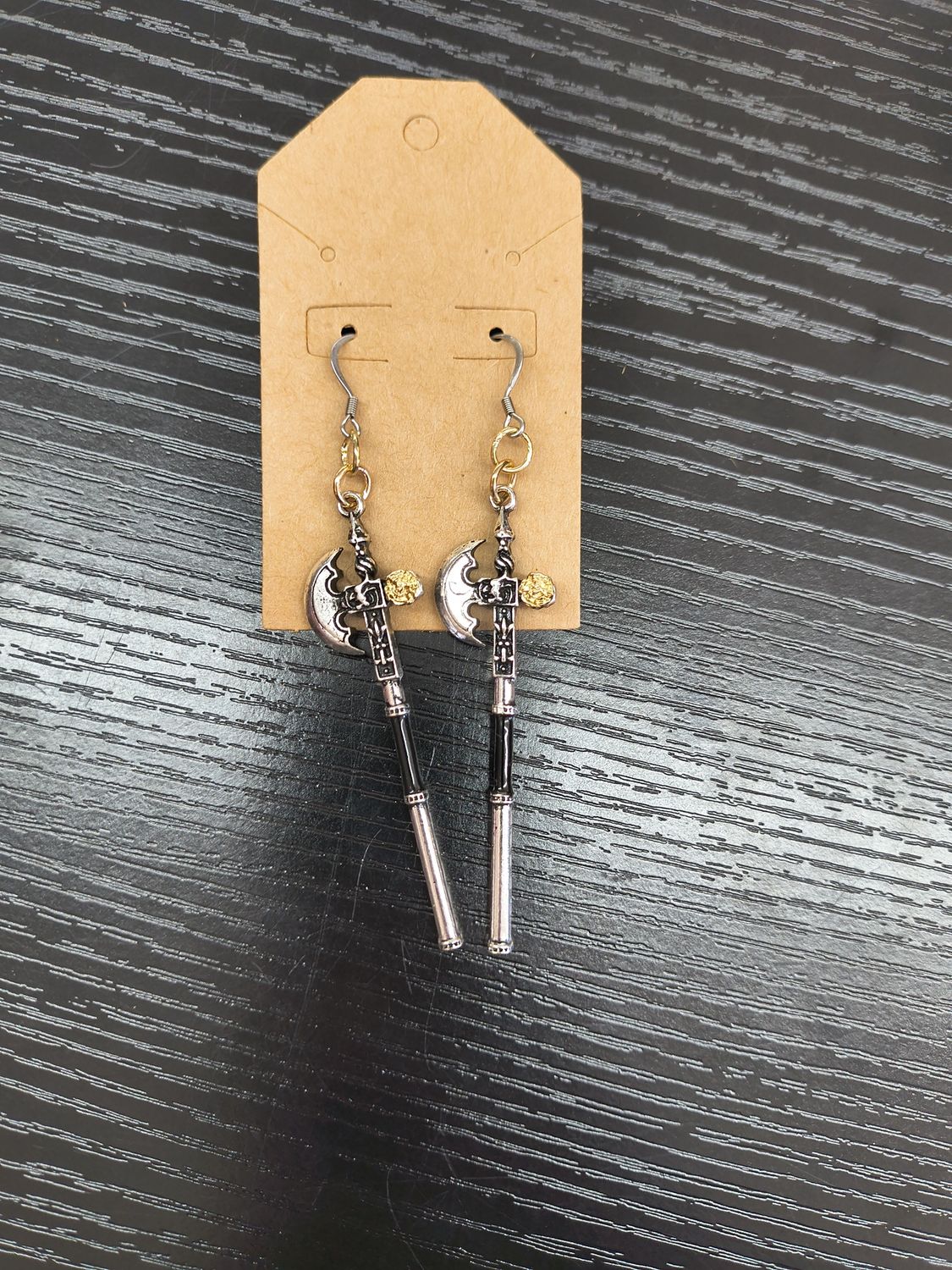 "Can I Axe" Long heavy axe mixed metal handmade earrings