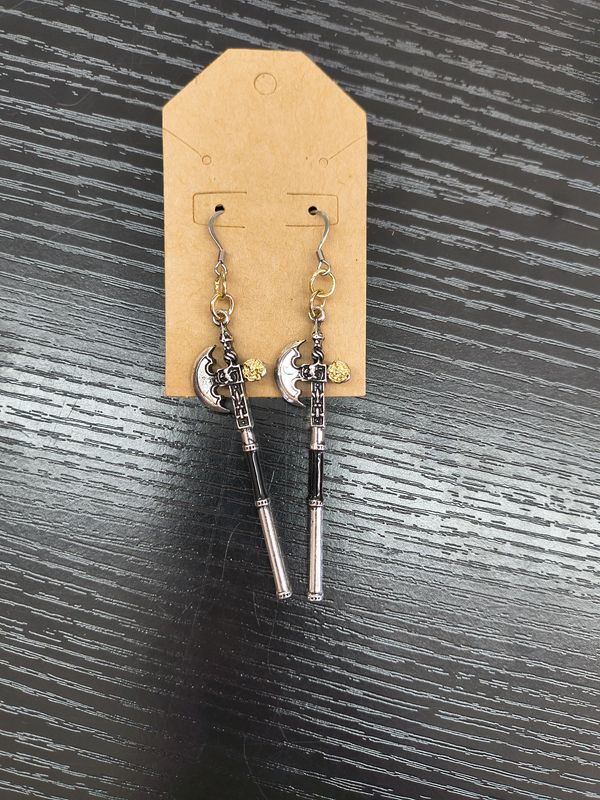 "Can I Axe" Long heavy axe mixed metal handmade earrings