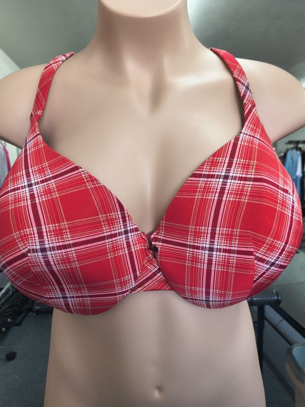 42H Cacique red plaid lightly lined t-shirt underwire bra
