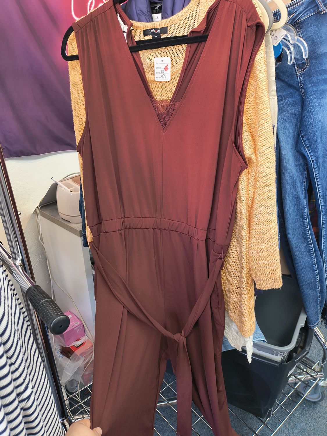 0x Maurices maroon knit sleeveless jumpsuit with belt