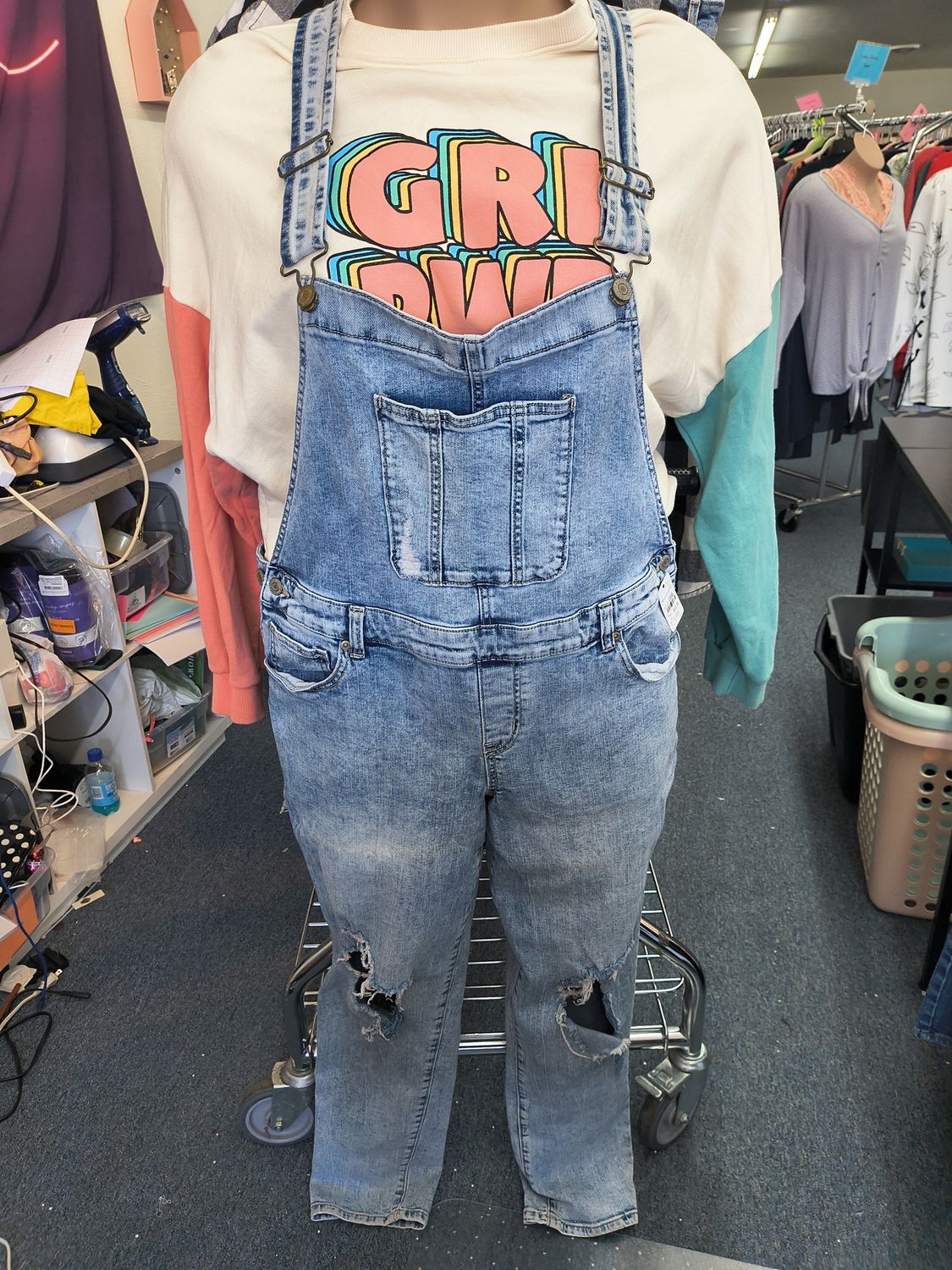 Size 14 Long Maurices denim skinny overalls distressed