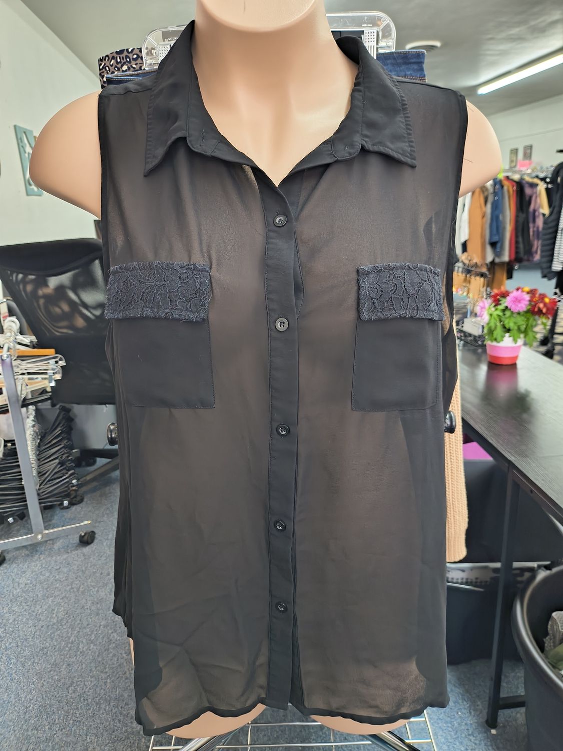 2x Torrid semi sheer black sleeveless top lace accents