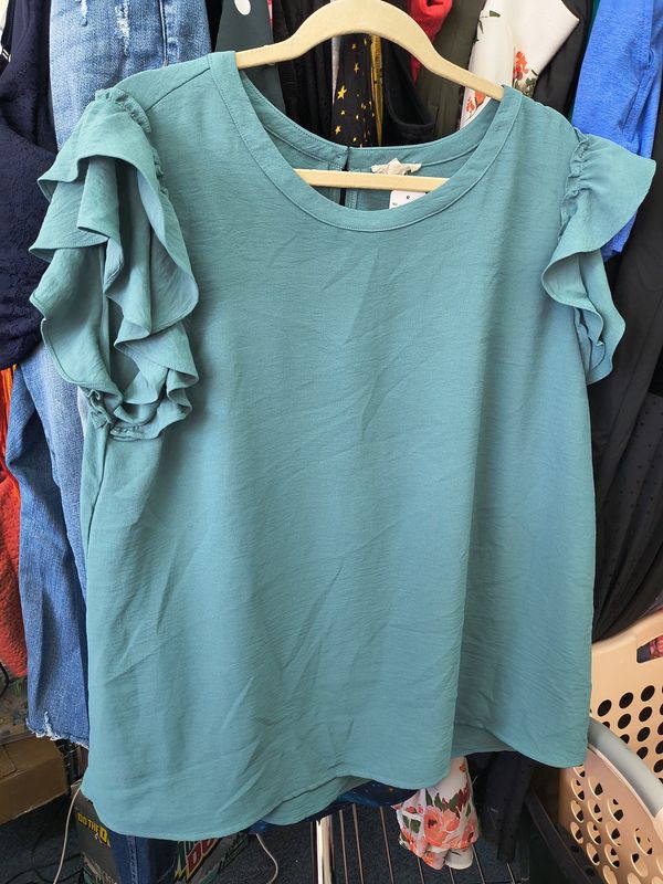 2x Cotton Bleu ruffle sleeve teal dressy stretch top