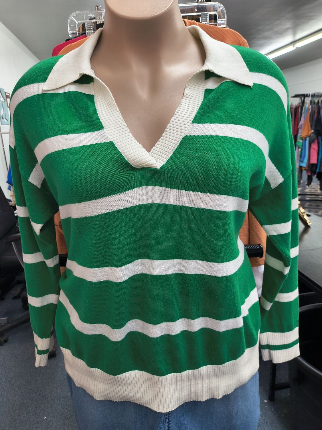 0x Torrid green and white striped sweater with collar