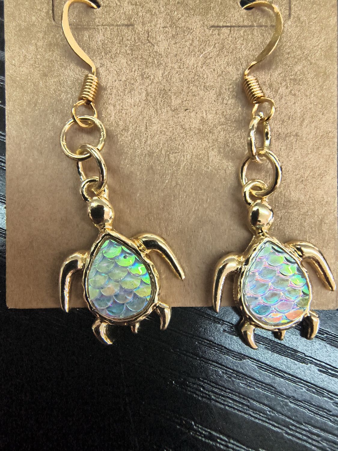 "I Like Turtles" Gold iridescent handmade turtle earrings