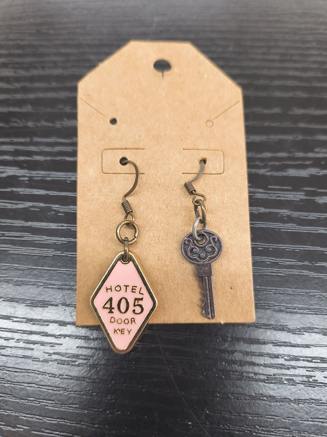 "Opening Doors" Hotel room key handmade earrings bronze and pink