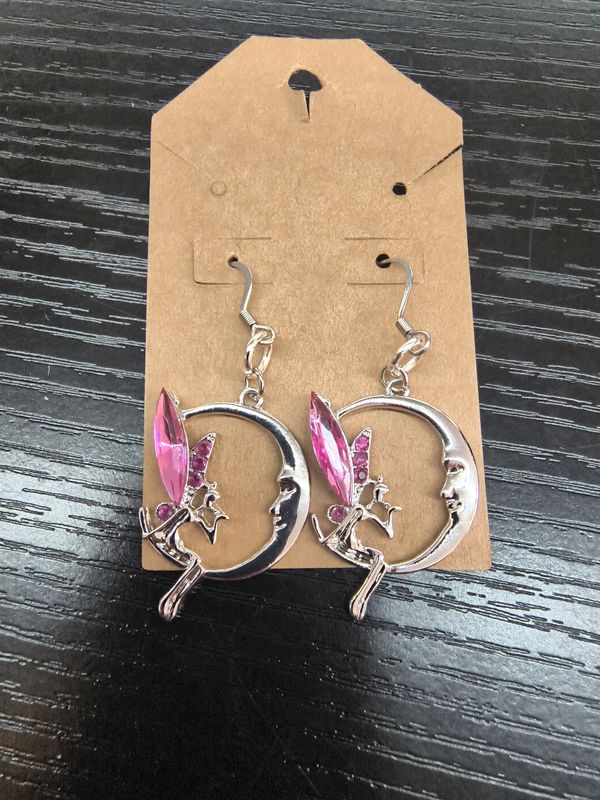 "Pinkerbell" Silver and pink fairy moon handmade earrings