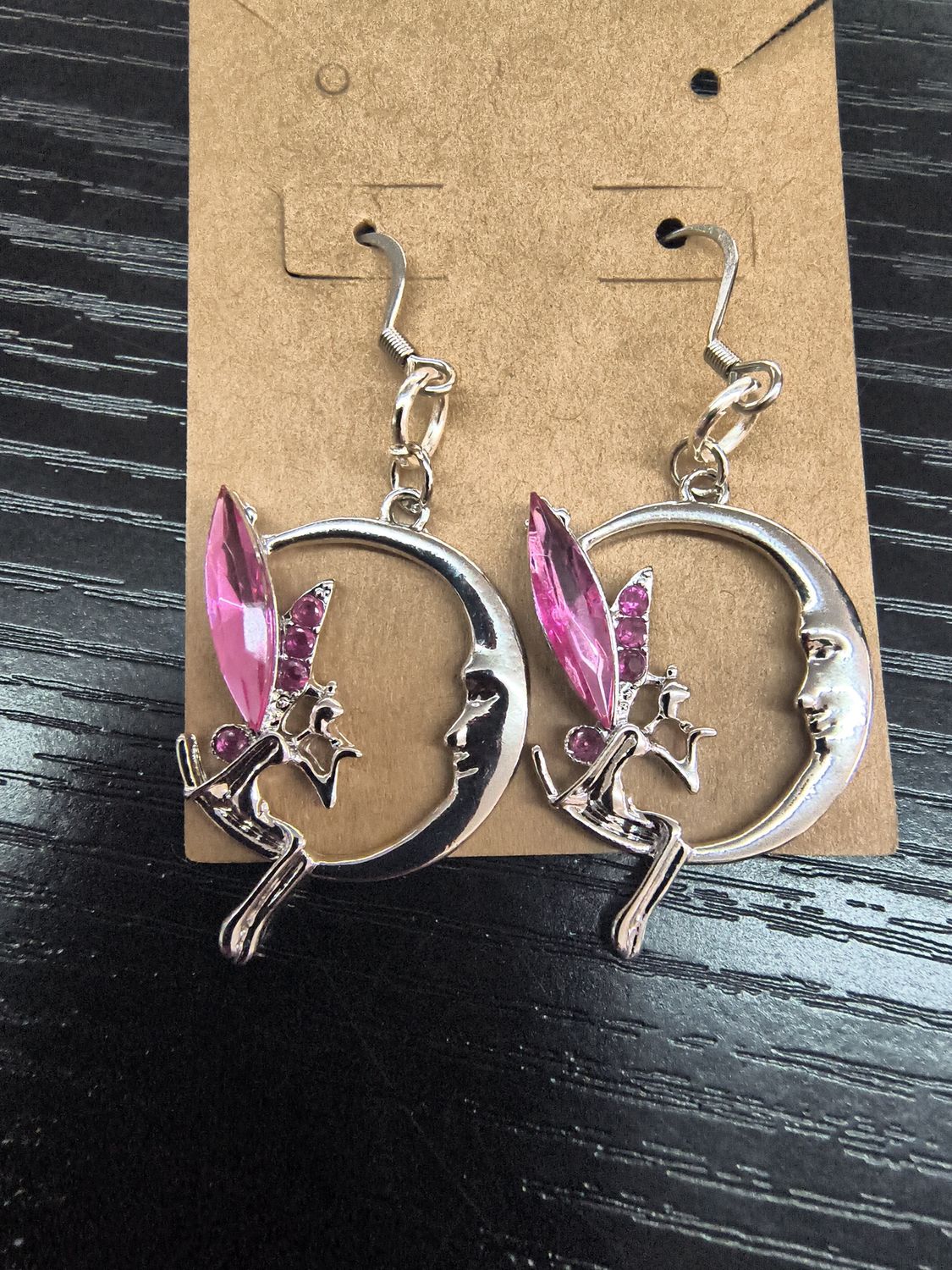 "Pinkerbell" Silver and pink fairy moon handmade earrings