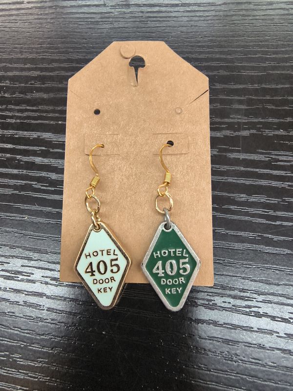 "Room 405" Hotel key handmade earrings teal and green
