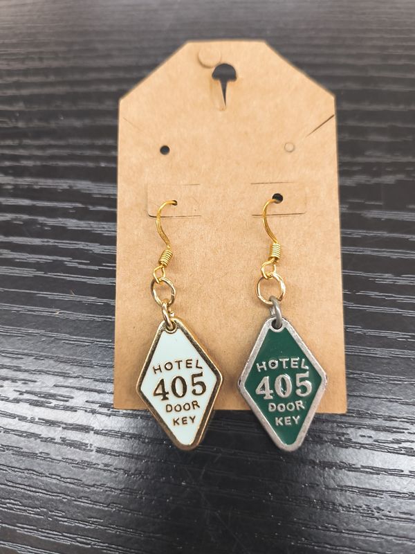 "Room 405" Hotel key handmade earrings teal and green