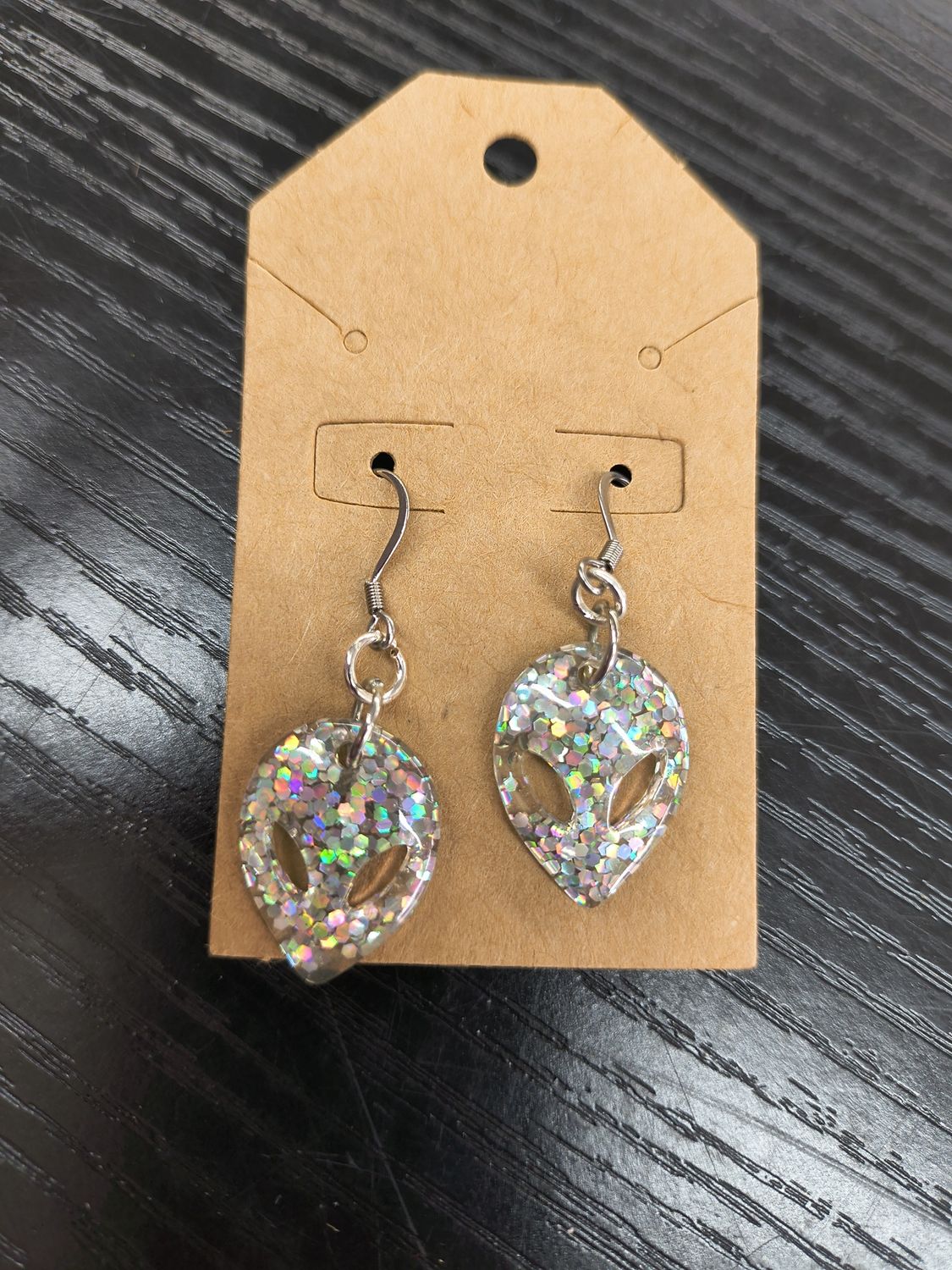 "Visitors" Holographic alien head acrylic handmade earrings