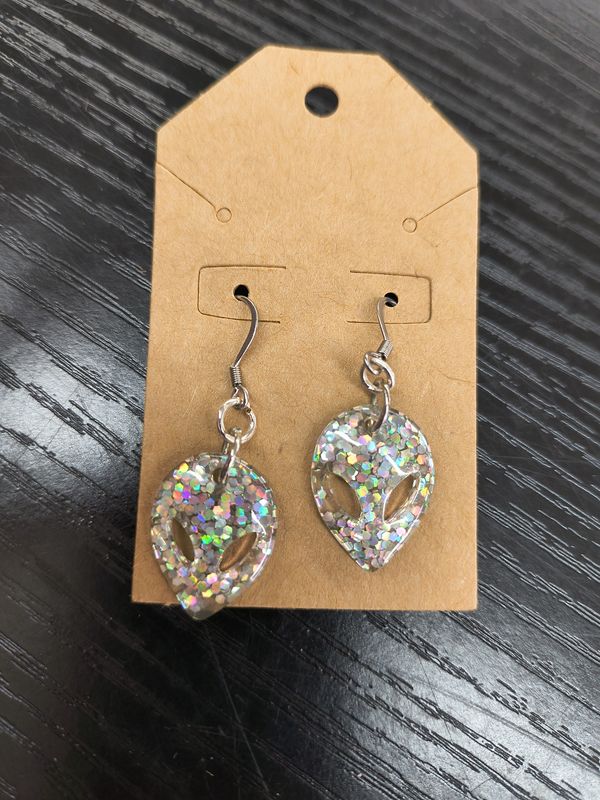 "Visitors" Holographic alien head acrylic handmade earrings