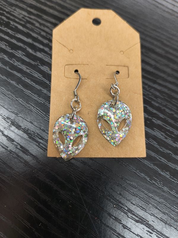"Visitors" Holographic alien head acrylic handmade earrings