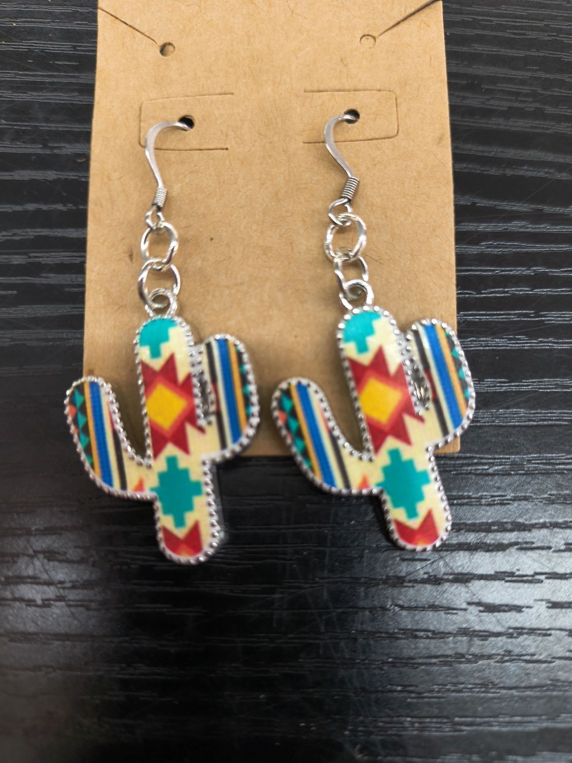 "Aztec Arizona" patterned metal cactus handmade earrings