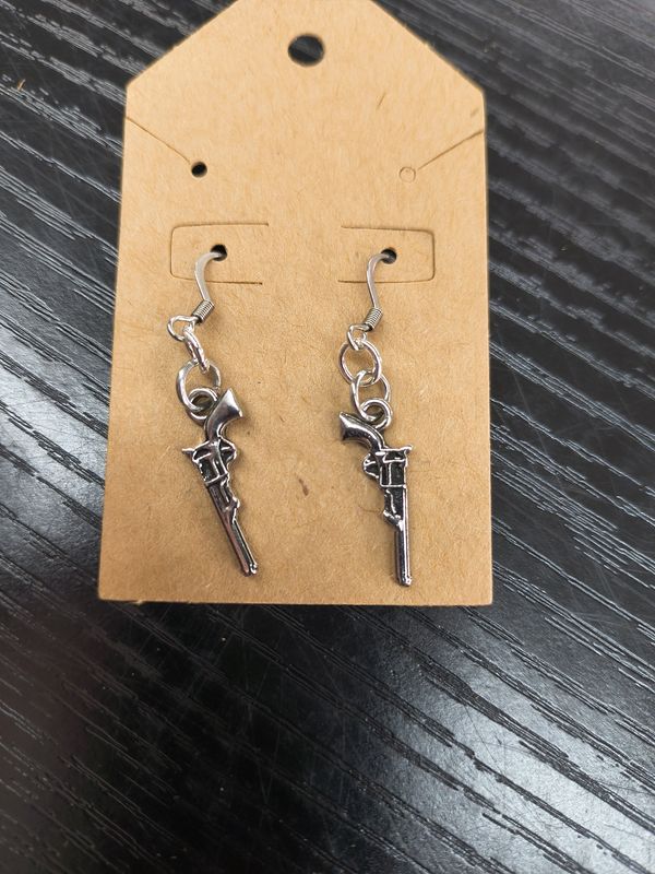 Tiny silver gun western handmade earringss