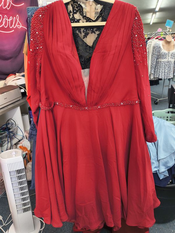 Size 16/18 JJs House red long sleeve short prom dress beading