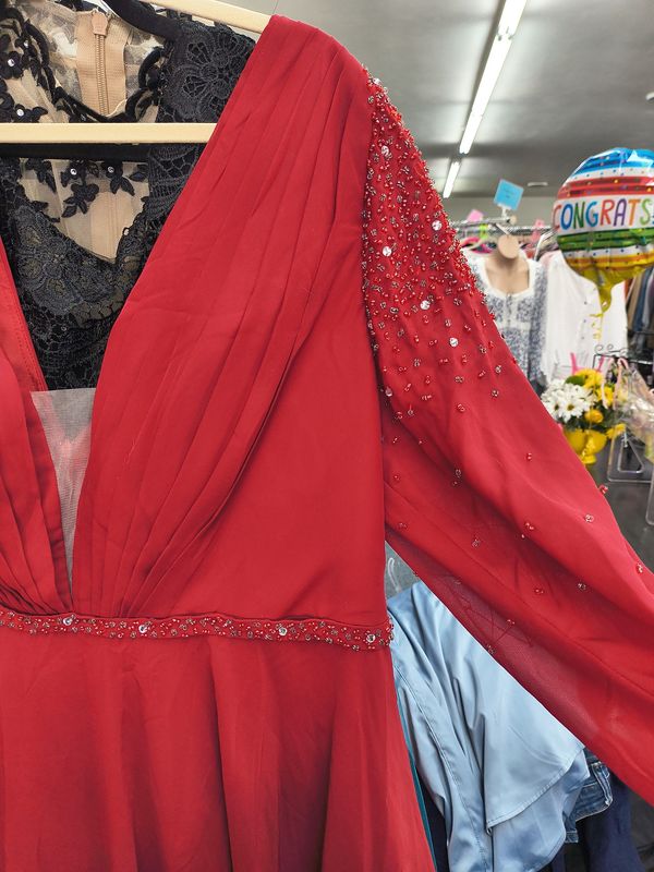 Size 16/18 JJs House red long sleeve short prom dress beading