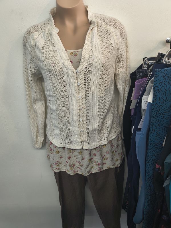 2x Cream button front sheer sweater top