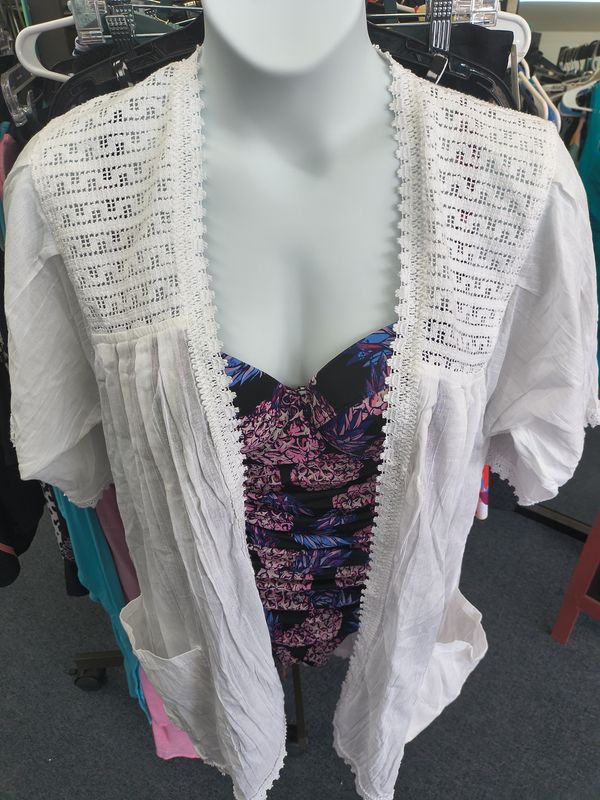 One Size white swim suit cover kimono belt