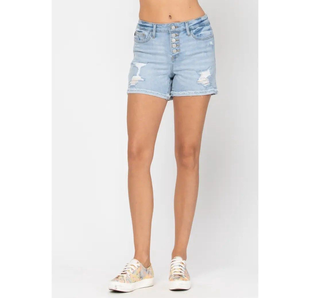 XL Judy Blue New hi waist distressed buttonfly cuffed denim shorts