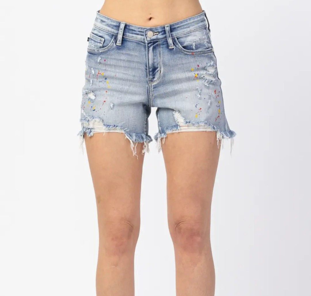 XL Judy Blue New rainbow paint cutoff distressed denim shorts